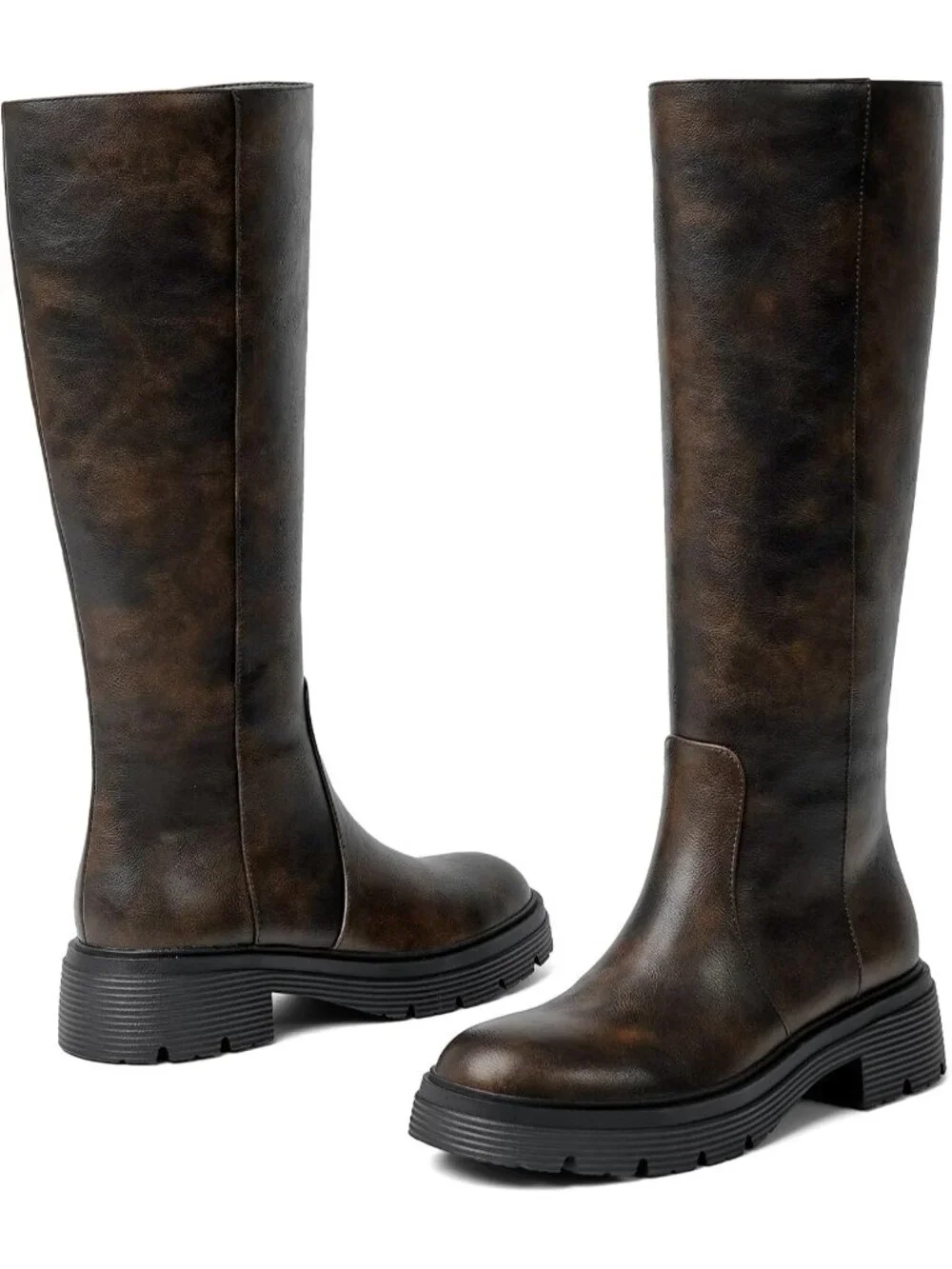 Women's Retro Chocolate Faux Leather Low Block Heel Side Zipper Knee High Boots